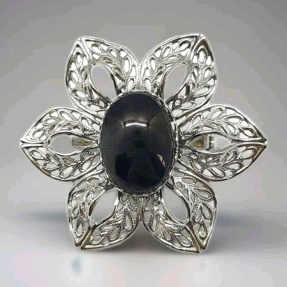 Flower Brooch Silver Tone Filigree Faux Onyx Costume Jewelry